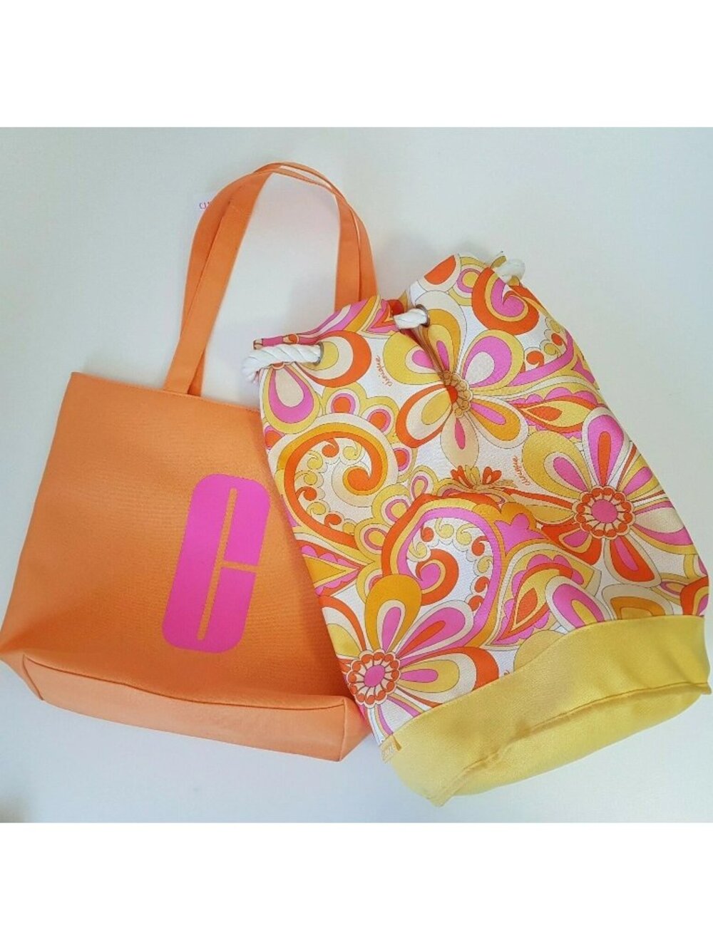 Clinique Bags Tote and Beach Bag Set Lot Paisley Flowers Orange Retro Style